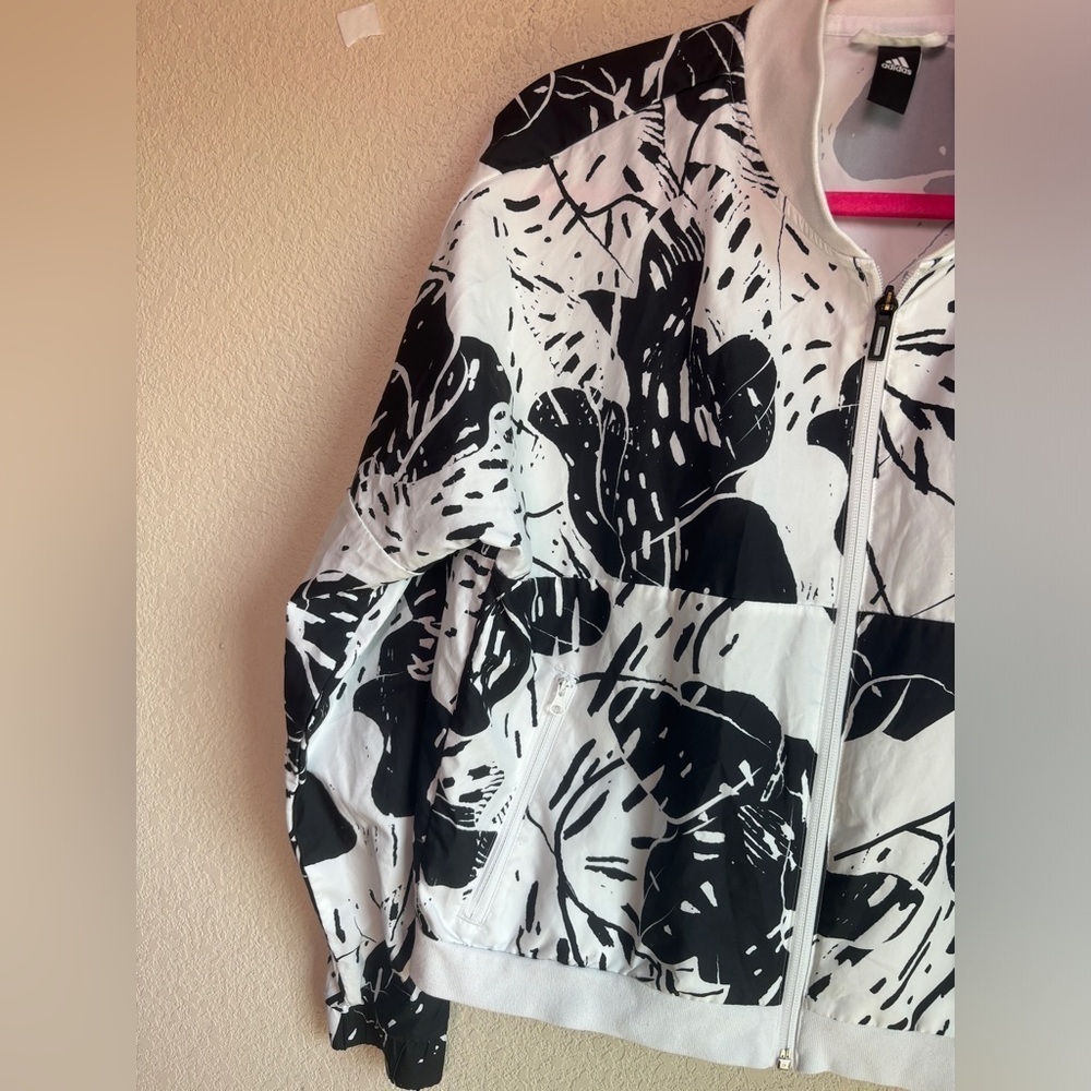 Adidas Black & White Tropical Monstera Cropped Bomber Windbreaker Jacket L - Picture 3 of 9
